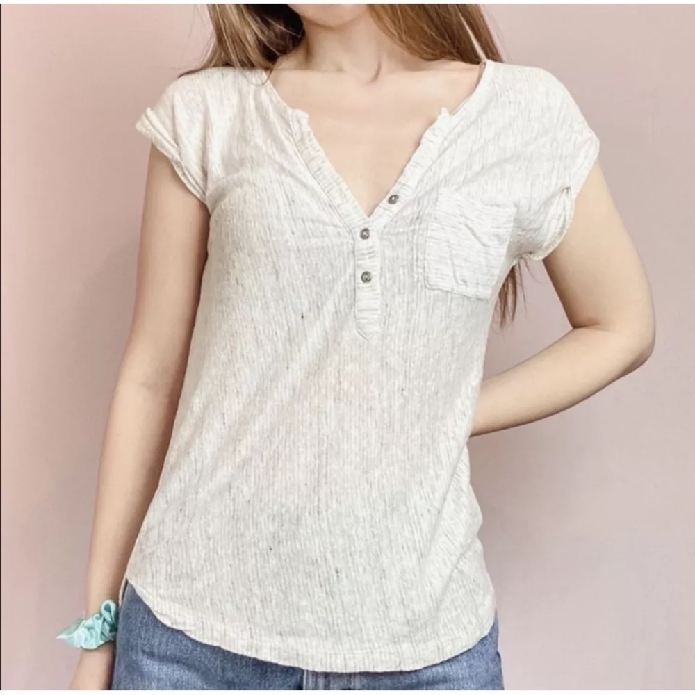 C&C California 100% Linen Henley Button Tee Tan Stripe women’s size S pocket